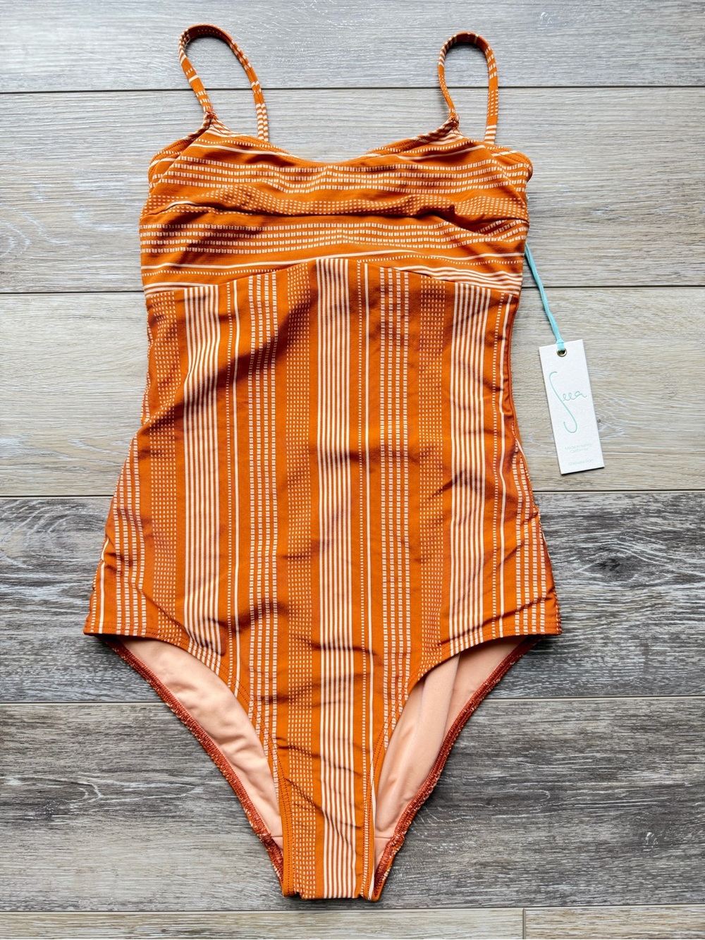 Seea Cleo One Piece Swimsuit | Size Small | Burnt Orange Stripe | Tie Back | NWT